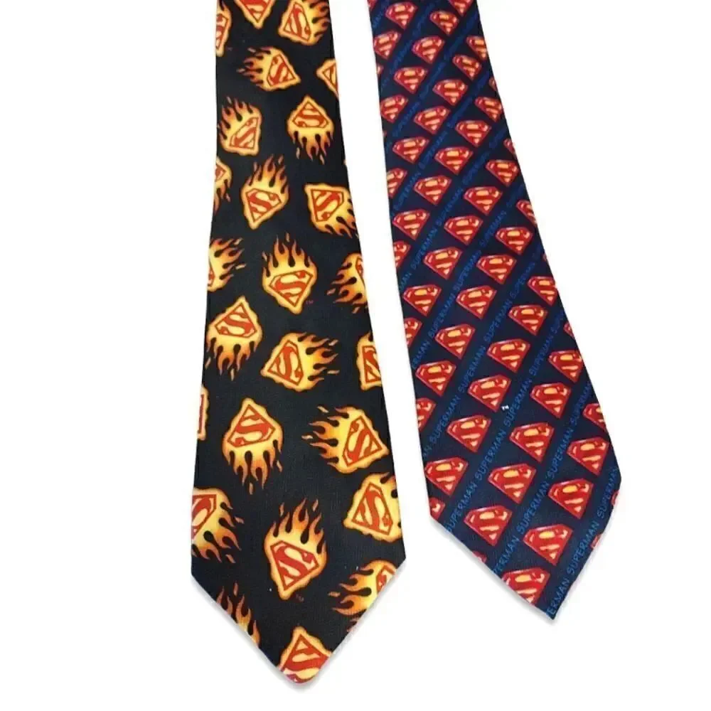 2 VTG DC Comics Superman Logos Black‎ Blue Satin Neck Ties Bundle
